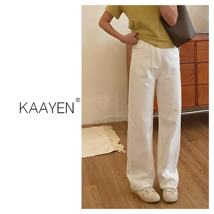 KAAYEN小个子韩系秋款简约显瘦百搭休闲白色高腰洗水牛仔裤9115