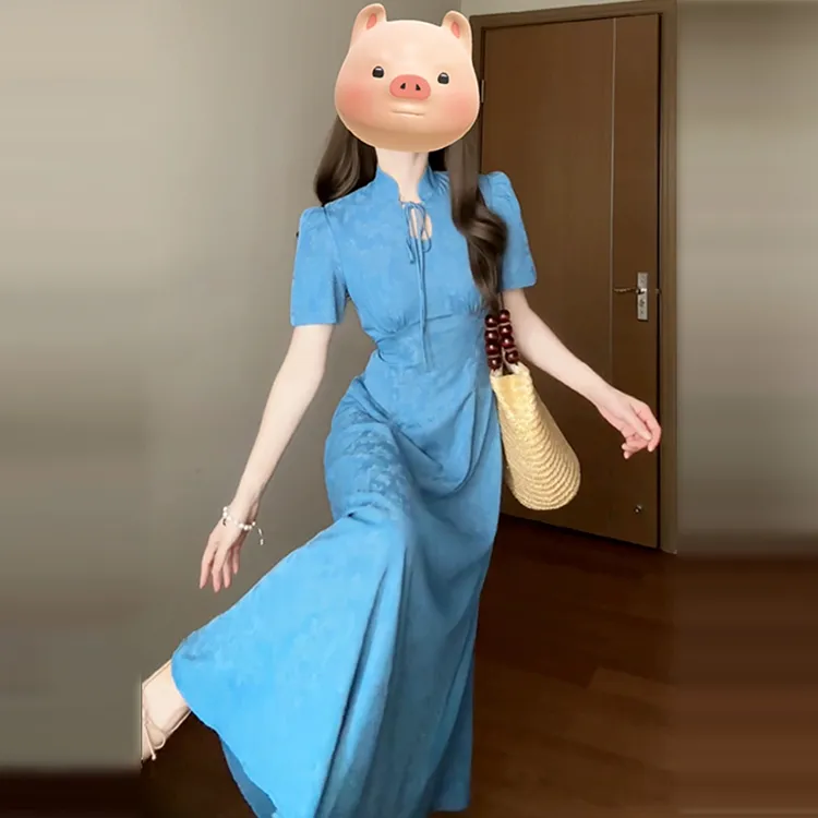 法式蓝色新中式国风旗袍收腰子女夏季2024年新款气质长裙修身