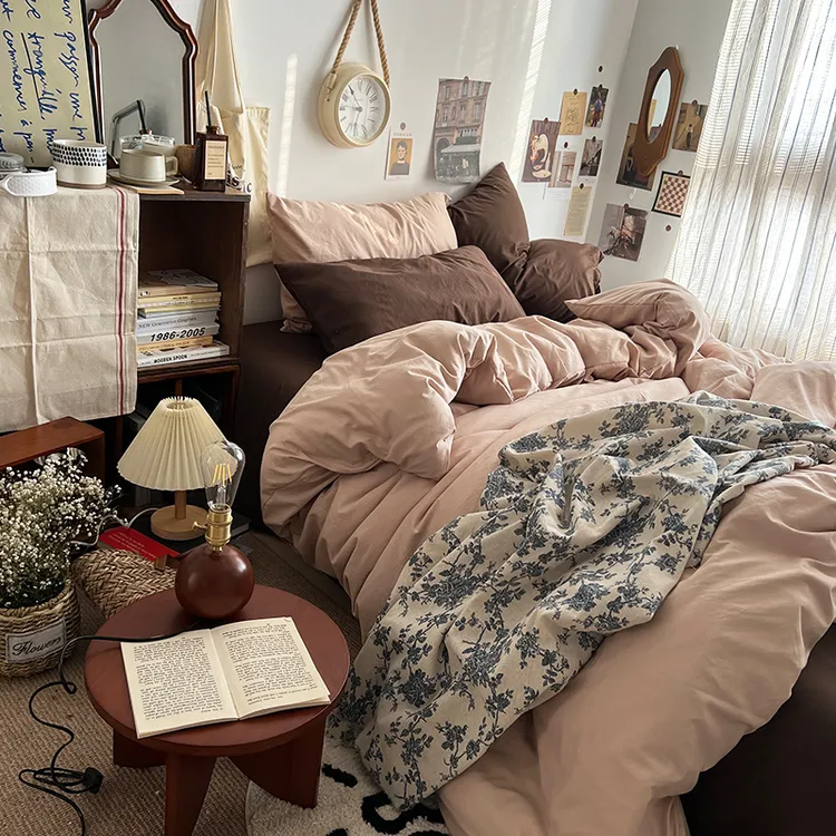 美拉德咖--混搭超柔水洗棉四件套床笠床单被套宿舍三件套简约家纺