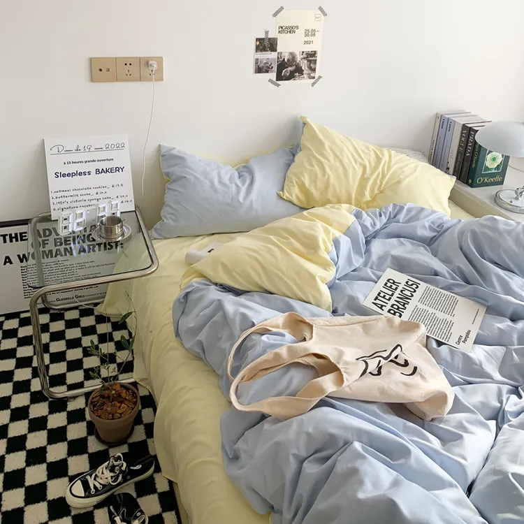 ins简约双拼浅蓝芝士床单四件套纯色被套学生宿舍三件套家纺床品