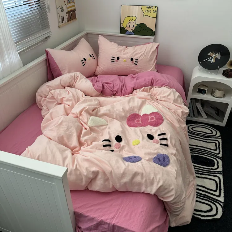 可爱猫咪粉色毛巾绣水洗棉床上1.8四件套学生宿舍三件套床上用品4