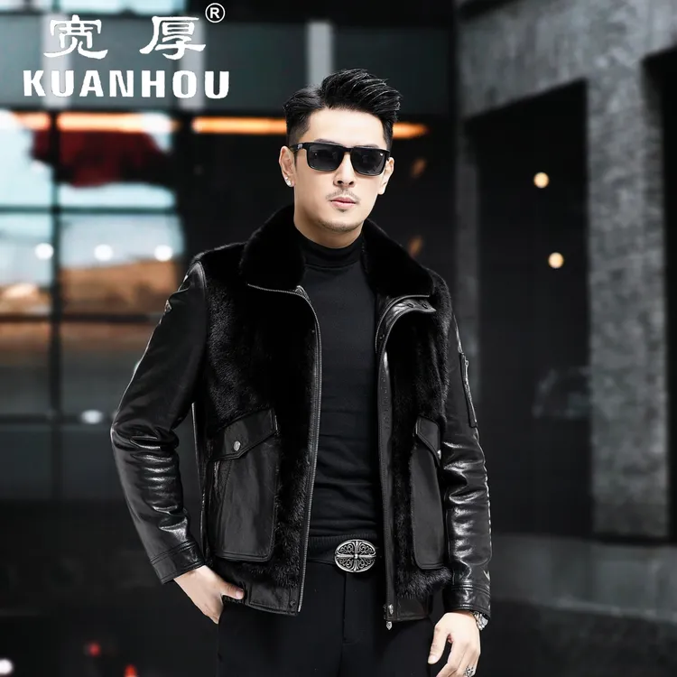 水貂羽绒海宁黑色高端真皮皮衣40岁男士皮毛一体短款翻领时尚加绒