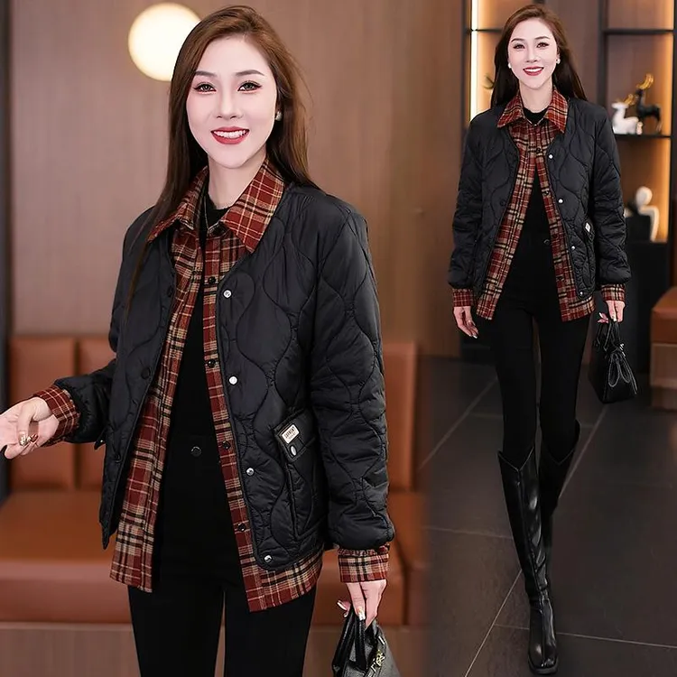 2024秋冬假俩件菱格拼接短款爆款高档洋气宽松棉衣棉服外套女流行