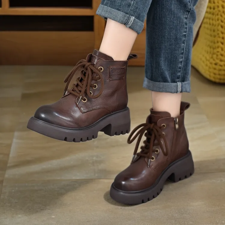 头层牛皮系带马丁靴女真皮秋季靴子2024秋冬新款小个子低筒短靴女