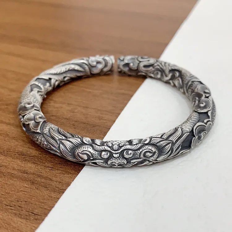 足银手镯 双龙银手镯男士霸气复古圆柱实心雕龙手镯S999.9足银
