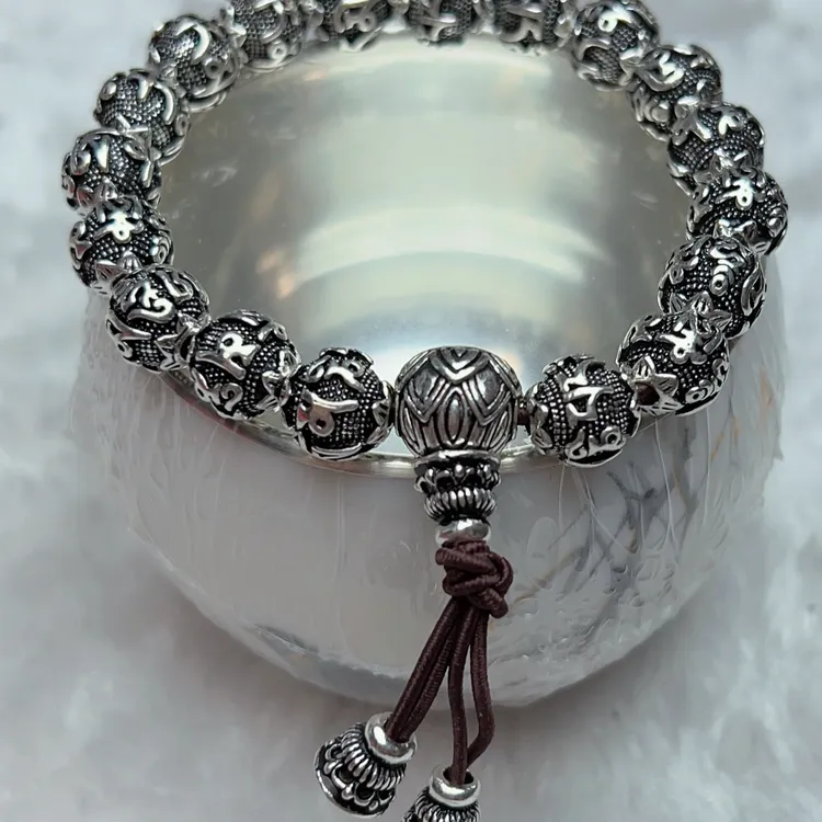 足银手链 足银经典做旧六字真言珠莲花三通手串 约46.5克复古时尚