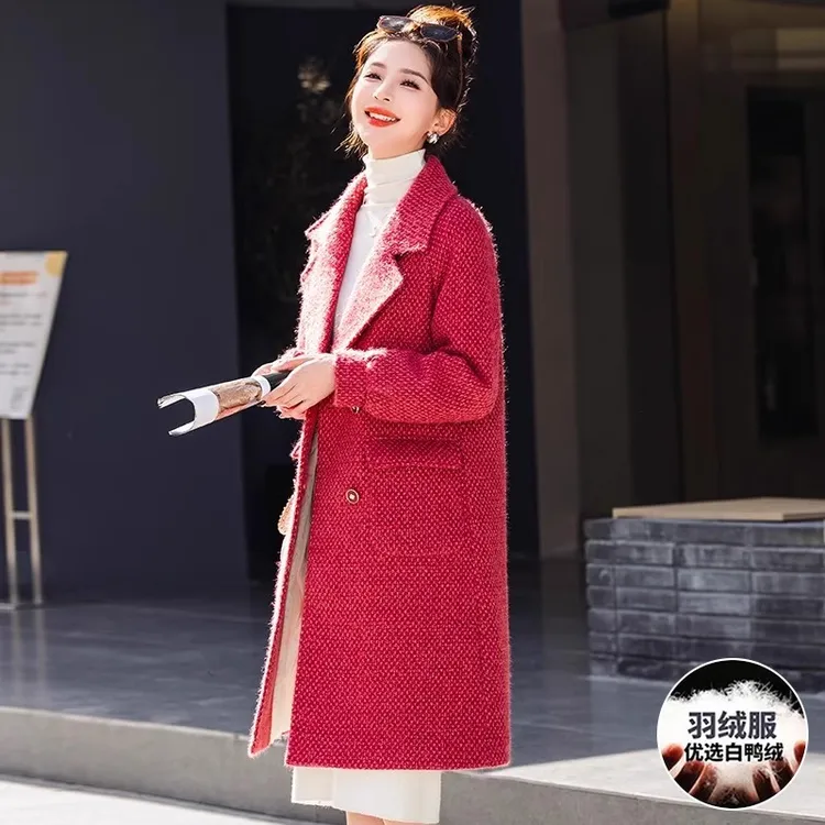 2024年新款女装红色羽绒服内胆双面毛呢大衣女秋冬2024新款高端