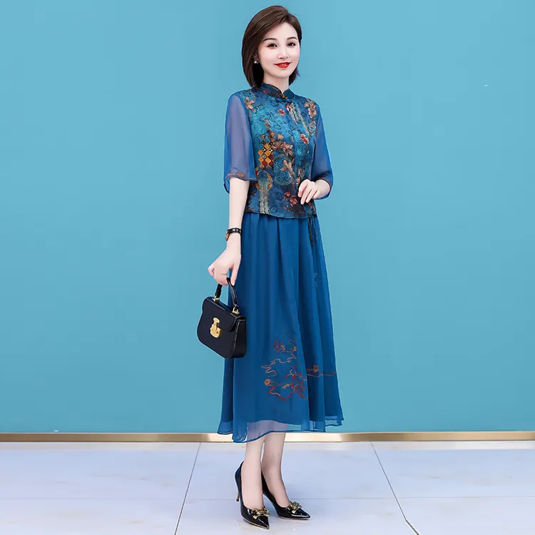 中国风套装连衣裙女夏2025新款贵夫人时尚高端妈妈唐装旗袍两件套