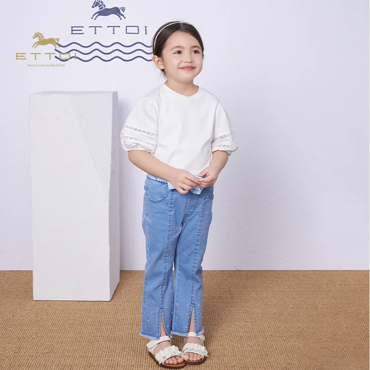 【朗姿集团】ETTOI爱多娃儿童裤子长裤时尚钉珠微喇裤女童牛仔裤