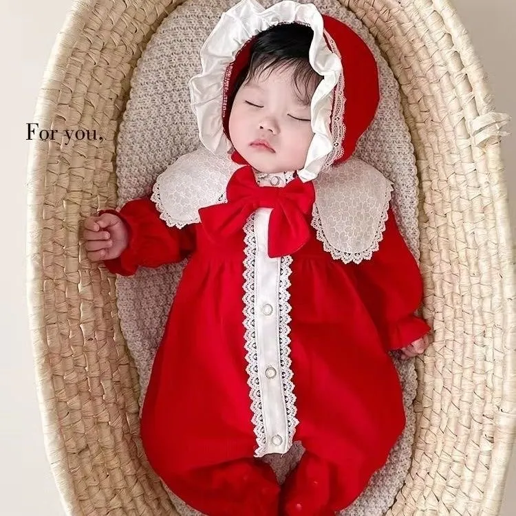 春秋新款连体公主粉色系蝴蝶式洋气花边婴儿宝宝外出服