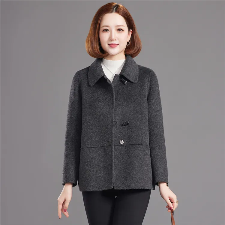 灰色高端妈妈双面绒羊毛大衣女短款2025年秋冬时尚毛呢宽松外套女