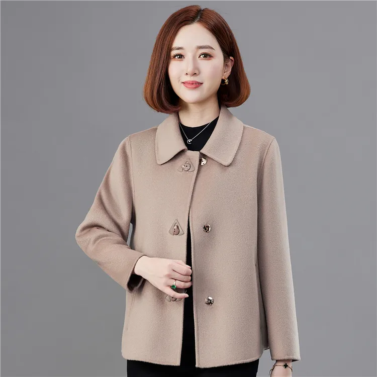 双面绒大衣女短款中年高贵气质女40岁50妈妈冬季羊毛呢保暖外套