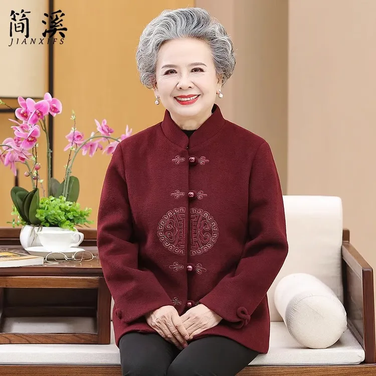 老年人秋装女70岁妈妈唐装结婚老太太老人衣服老奶奶秋冬毛呢外套