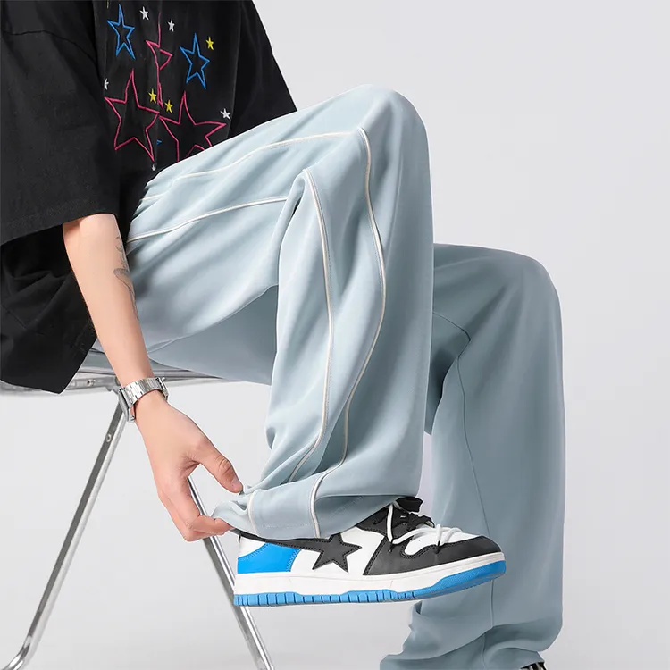 拼条纯色抽绳长裤男士夏季新款薄料直筒宽松垂感凉感阔腿休闲长裤