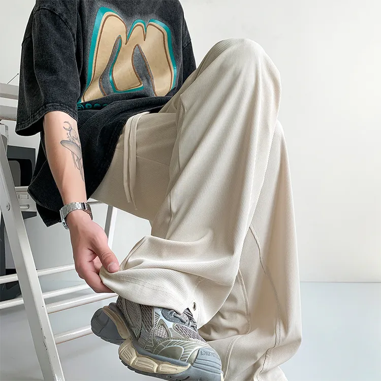 冰丝垂感纯色抽绳长裤男款夏季薄料舒适百搭潮流时尚高街风阔腿裤