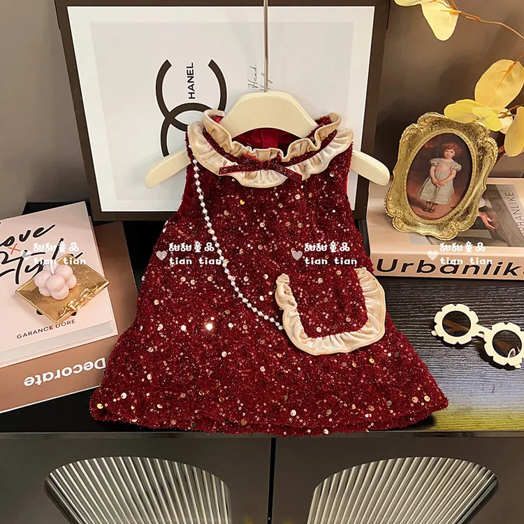 【甜甜baby】潮童宝宝亮片礼服裙周岁礼物女童过年新年战袍背心裙