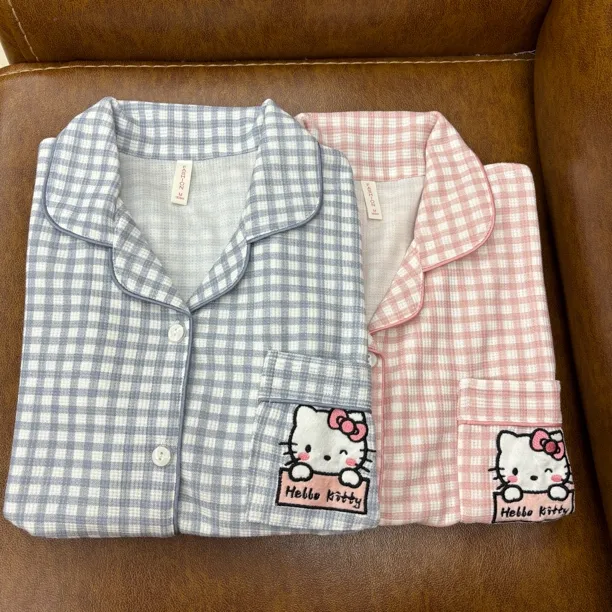 hellokitty情侣睡衣女款夏季纯棉短袖短裤日系格子大码男士家居服
