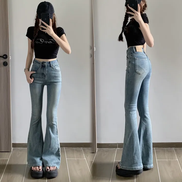 YY早秋四季款浅色高腰微喇牛仔裤女修身显瘦高腰百搭极简风设计款