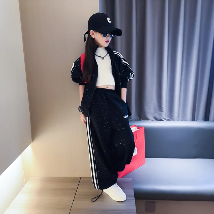 女童时尚撒银套装春秋2025新款大童休闲拉链外套运动裤潮流两件套