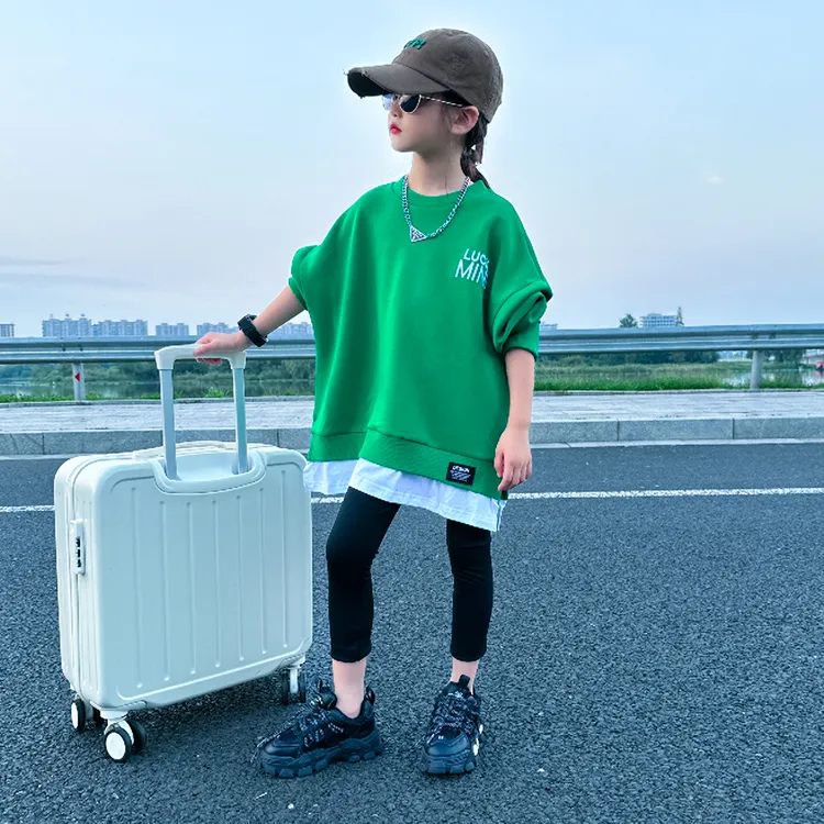 女童2025春装新款中大童洋气假两件卫衣韩版炸街儿童网红上衣潮