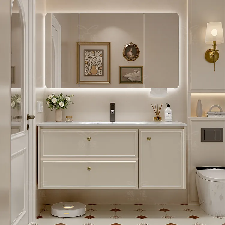 法式风浴室柜组合陶瓷一体盆卫生间岩板热弯盆洗手盆柜