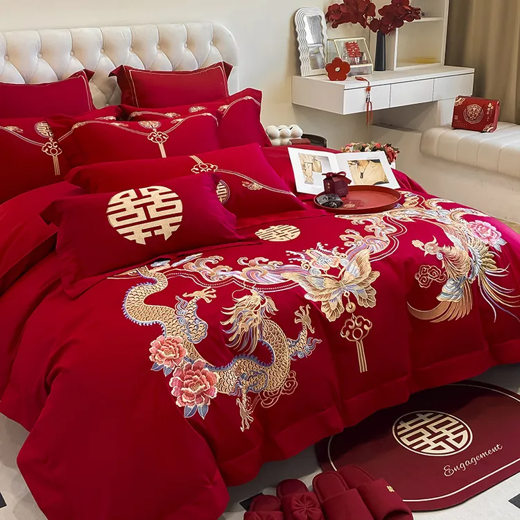 轻奢高档中式龙凤刺绣全棉婚庆四件套大红色纯棉结婚喜被奢华床品