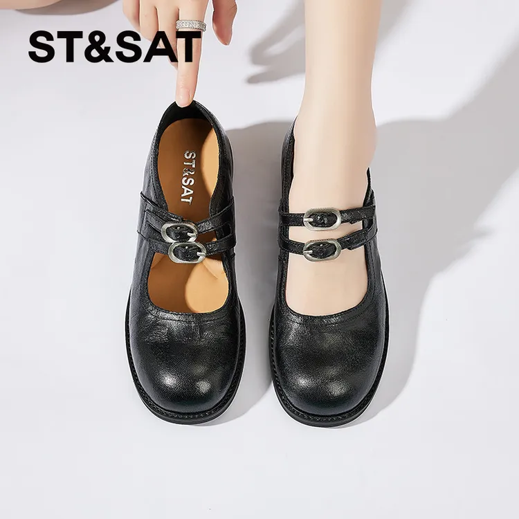 星期六女鞋2024夏新款英伦风小皮鞋粗跟玛丽珍鞋百搭真皮高跟单鞋