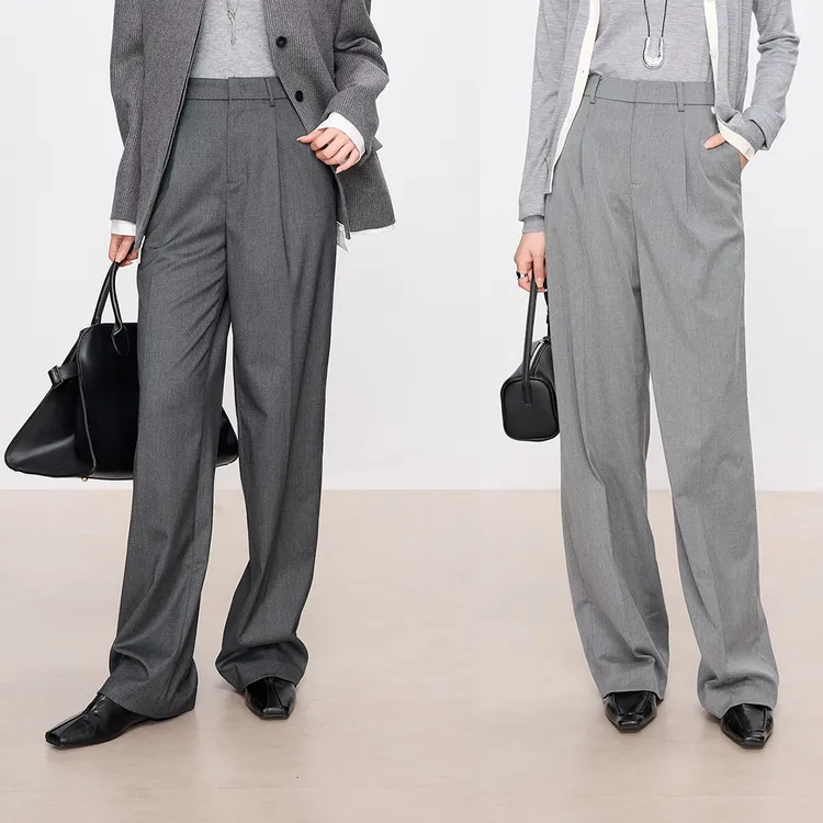 【智性飒美】格雷系灰色通勤单褶窄版阔腿裤垂感休闲直筒西裤1169