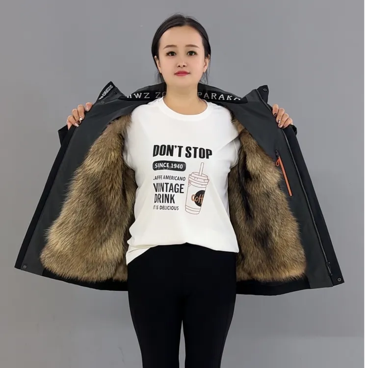 LF{美洲貉内胆}男士皮毛一体冬季可脱卸帽保暖加毛加厚派克服棉衣