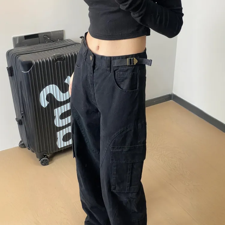 美式高街vibe复古宽松高腰工装裤女春秋季休闲百搭黑色直筒牛仔裤