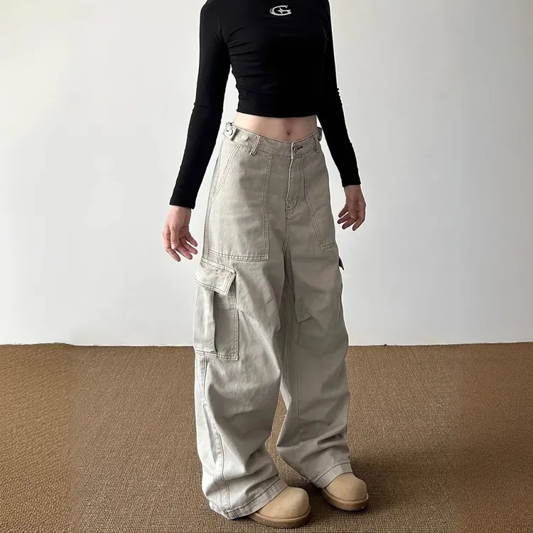 美式复古vibe多口袋工装牛仔裤女设计感小众宽松高腰阔腿休闲长裤