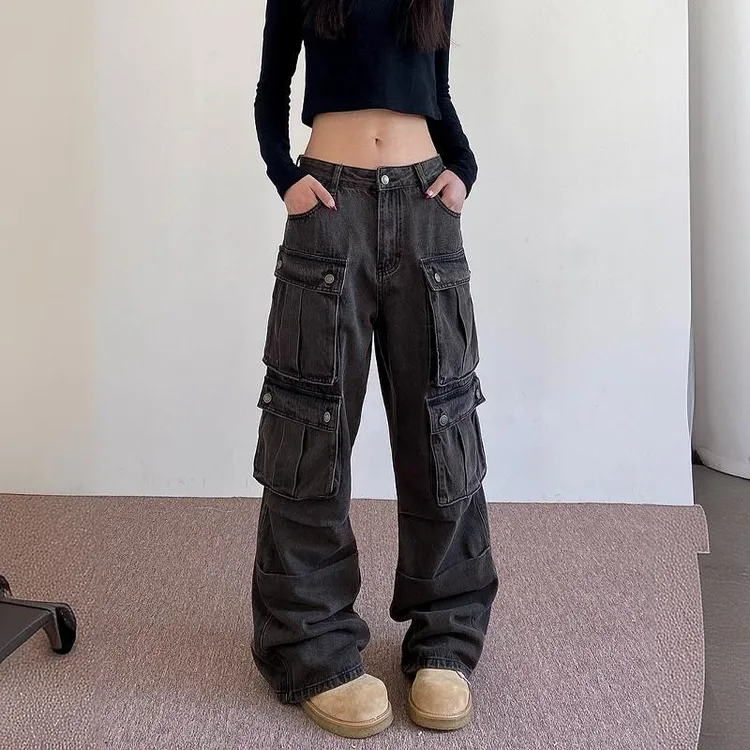 大码美式街头口袋工装牛仔裤女胖mm百搭宽松显瘦高腰阔腿直筒长裤