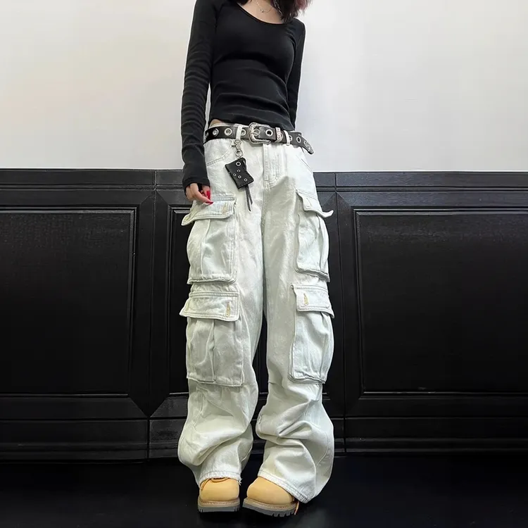 大码美式高街vibe多口袋工装牛仔裤女设计感宽松显瘦高腰阔腿裤子