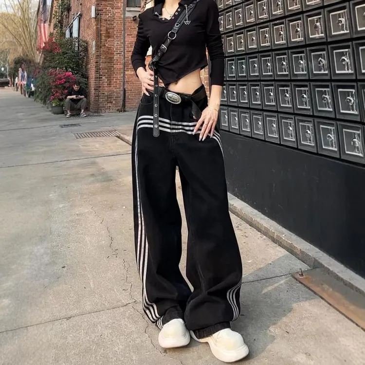 大码美式高街黑色阔腿牛仔裤女春秋新款百搭显瘦宽松高腰直筒长裤