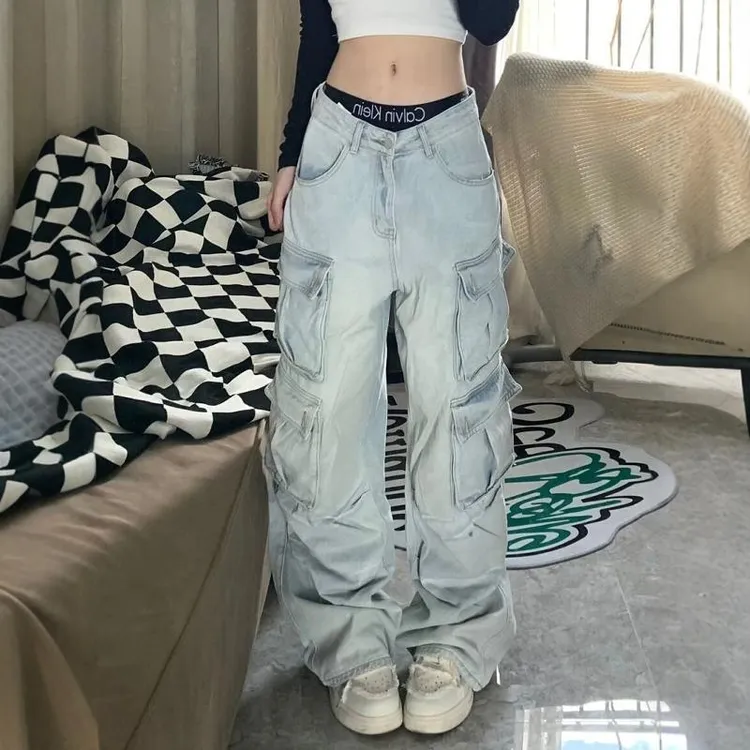 大码美式vibe多口袋工装牛仔裤女设计感街头直筒宽松坠感拖地裤潮