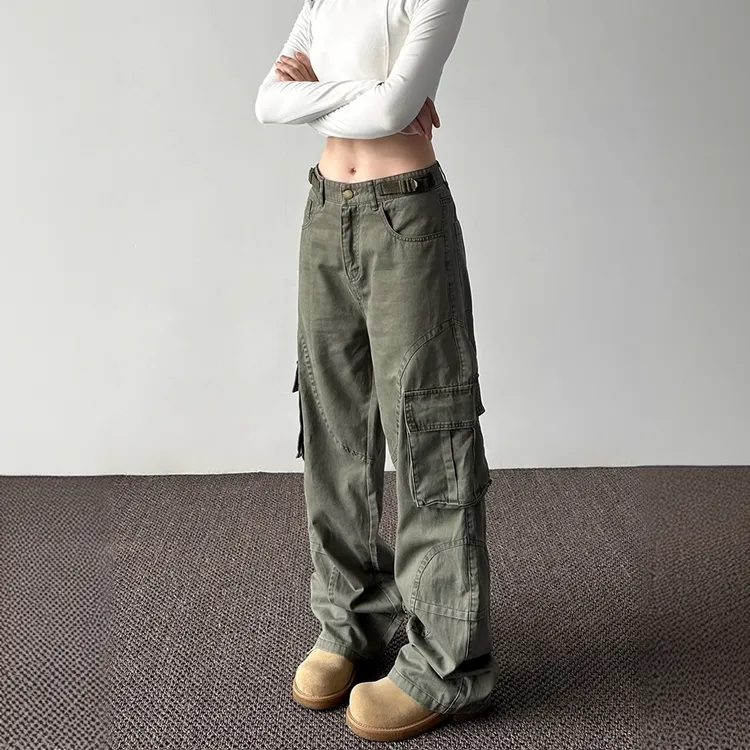 大码美式高街vibe宽松多口袋工装裤女复古直筒阔腿休闲拖地长裤子