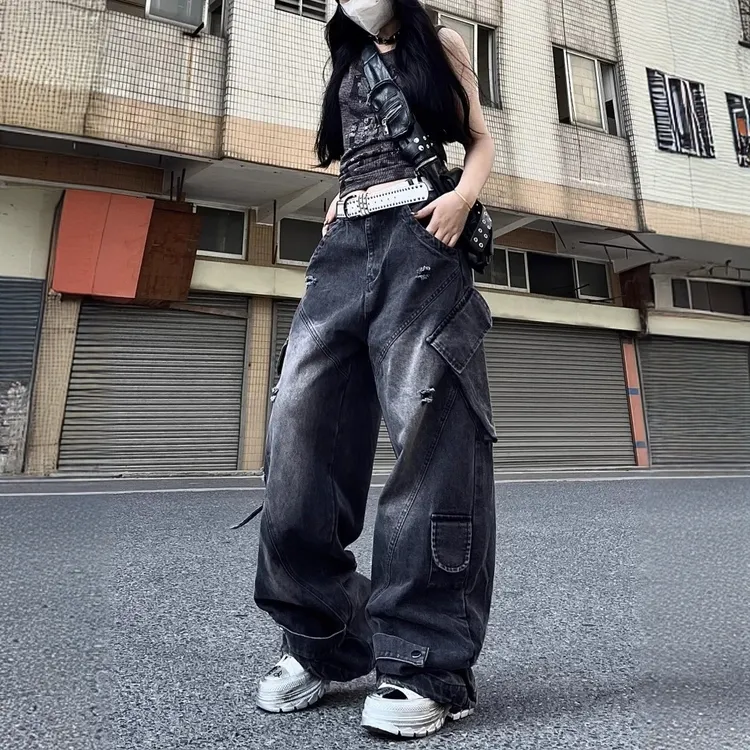 大码美式高街hiphop嘻哈重工多口袋牛仔裤女直筒工装阔腿拖地长裤