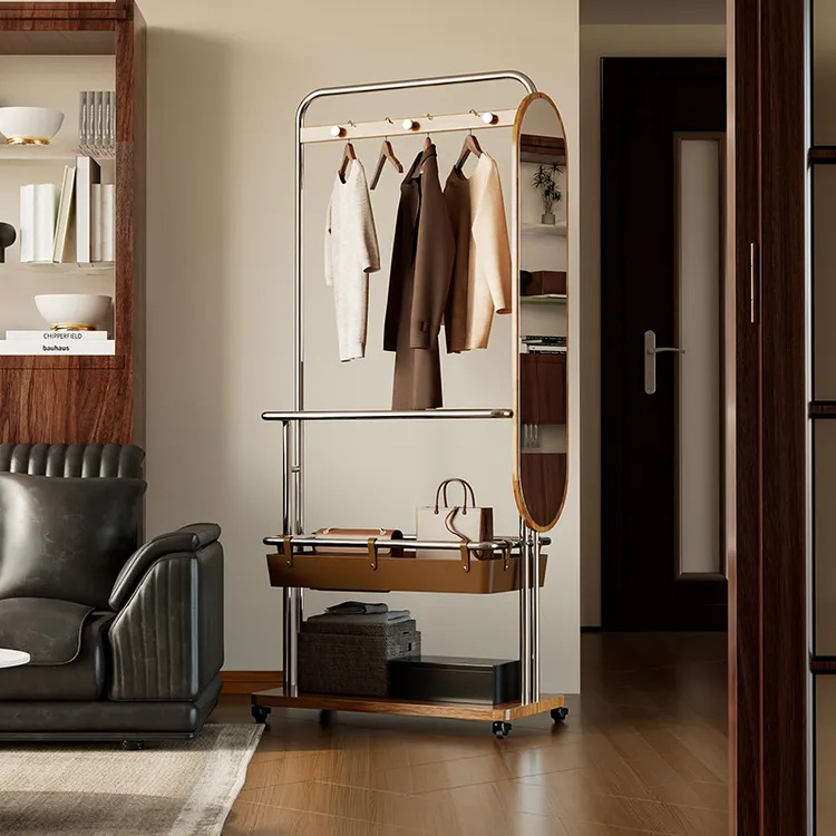 恋夏意式轻奢高级不锈钢可旋转穿衣镜衣帽架一体卧室落地挂衣架