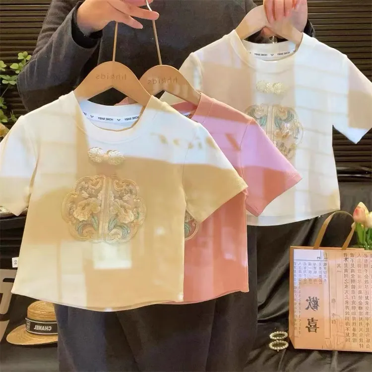 女童新中式短袖2024夏装国风宝宝中大童半袖休闲T恤上衣女孩时尚