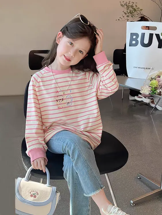 女童条纹T恤2025春秋新款卫衣女童落肩上衣小女孩洋气童装打底衫