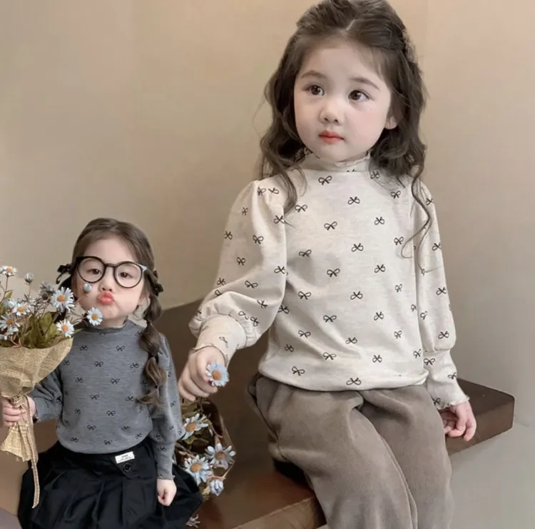 女童打底衫春秋2025新款韩版女宝宝薄绒洋气蝴蝶结内搭上衣冬季