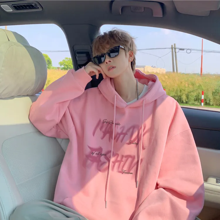 粉色重磅连帽卫衣男秋季美式宽松慵懒风外套oversize潮牌正肩上衣