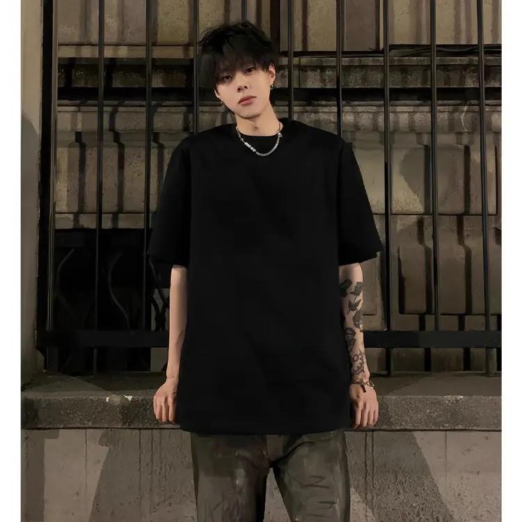 美式重磅纯黑色T恤男夏季潮牌小领口短袖内搭打底精梳纯棉半截袖