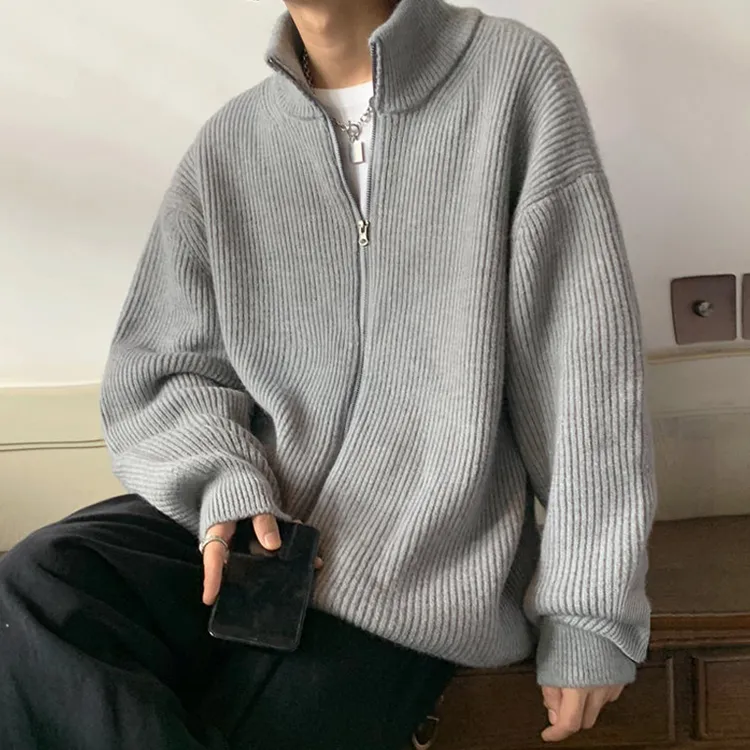 半高领拉链开衫毛衣男款秋季慵懒风针织夹克宽松休闲立领线衣外套