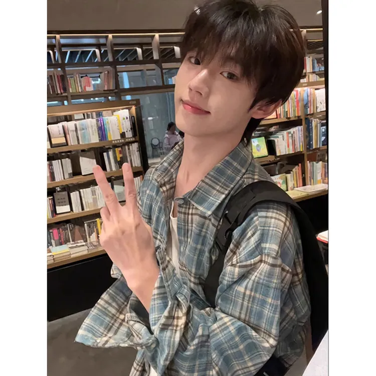 cleanfit蓝色格子衬衫男日系少年感穿搭长袖美式复古vintage衬衣