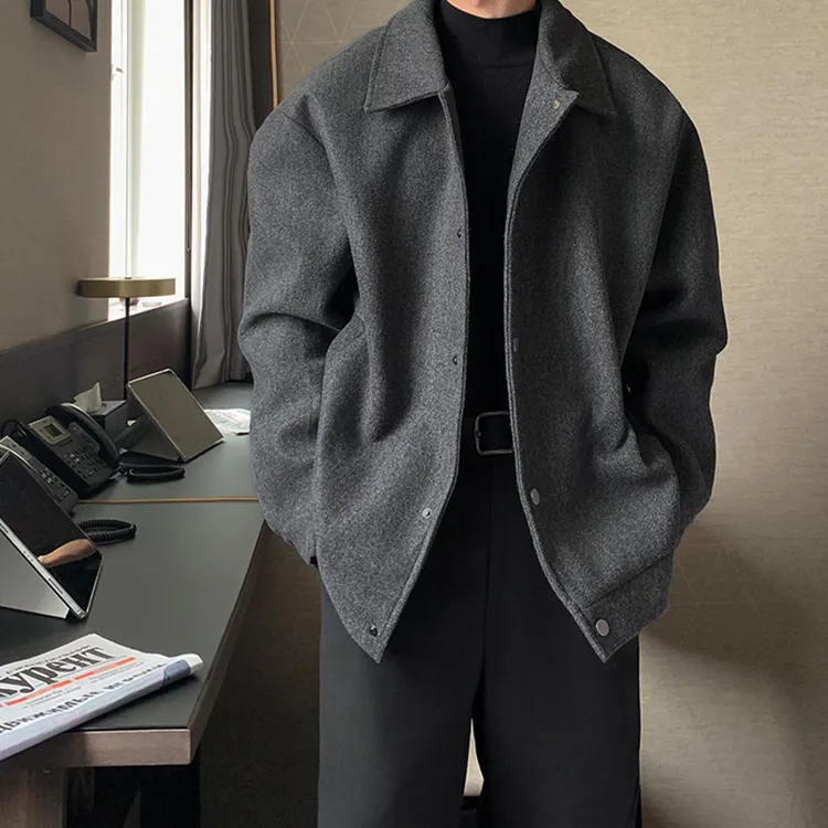 韩版灰色毛呢大衣男款秋冬cleanfit外套高级感轻熟风美式短款夹克