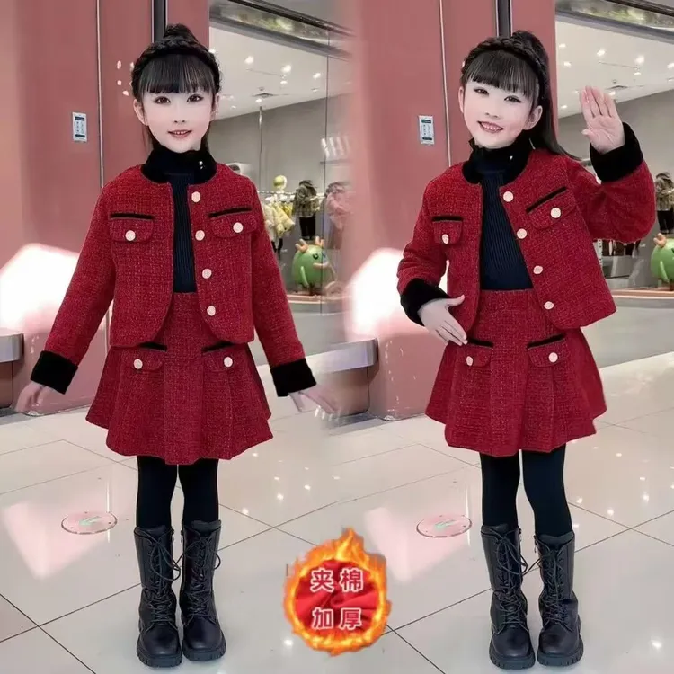 女童网红小香风套装秋冬新款儿童甜美风红色百褶裙拜年服加棉加厚