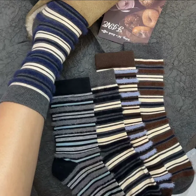 5双冬季新款毛毛圈条纹袜子修身显瘦好看的袜子百搭洋气潮流高筒
