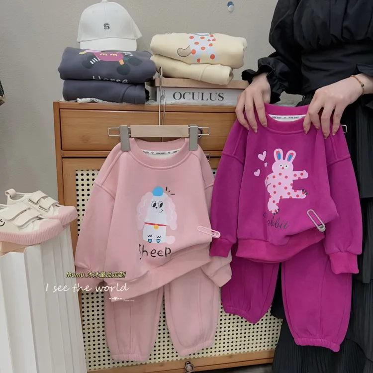 儿童韩系套装新款秋冬2023女童卡通卫衣卫裤两件套加绒洋气百搭潮