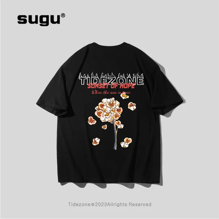 sugu美式火焰字母vintagetT恤ins潮牌街头爆米花短袖男女同款夏季